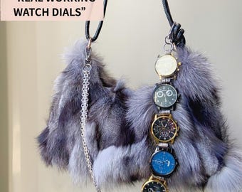 Upcycled Faux Fur Shoulder Bag • Vintage Watch Dial Chain Strap • Statement Art Purse