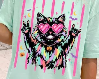 Gato negro PNG, gato espeluznante y adorable de Halloween, gato con gafas de sol de corazón rosa, sublimación retro de Halloween, diseño de camiseta de fantasma de moda