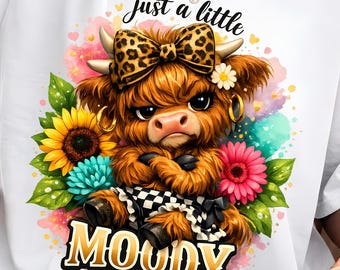 Nur ein wenig schwermütige PNG, Highland Kuh PNG, süße Kuh Sublimationsdesign, Leopard Bogen Sonnenblume Kuh Shirt digitaler Download, trendiges Design