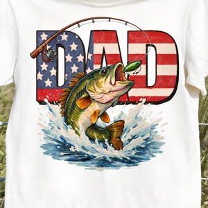 Patriotic Bass Fishing DAD PNG digital download featuring bold DAD lettering filled with a distressed American flag and a realistic largemouth bass leaping from water, perfect for Father's Day sublimation shirts