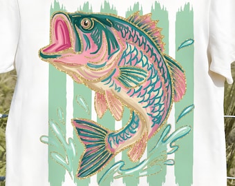 Preppy Bass Fish PNG, Pastel Coastal Fishing Sublimation Design, Retro Lake Life Summer Shirt Graphic Download, Pink Glitter Bass Fish PNG