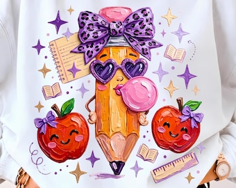 Lápiz PNG para la vuelta al cole, diseño de camiseta de profesora con lazo de leopardo, descarga digital por sublimación de Cute Coquette para el primer día