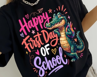 Feliz de ver tu cara PNG, diseño de camiseta de primer día de maestra estilo preppy, lindo cocodrilo de regreso a clases para sublimación (descarga digital)