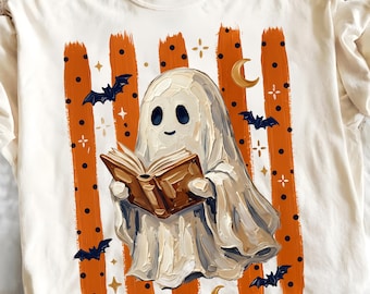 PNG de fantasma espeluznante leyendo, lindo diseño de camiseta de Halloween para amantes de los libros, diseño retro de sublimación de otoño, acogedora descarga digital para lectores de otoño