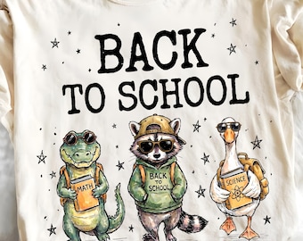 PNG de equipo animal de regreso a clases, lindo diseño de camiseta de maestro de caimán, mapache y ganso, descarga digital del primer día, PNG de maestro de matemáticas y ciencias