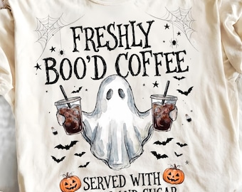 Café recién hecho con temática de Halloween PNG, lindo diseño de fantasma para Halloween, descarga digital de sublimación de café helado para la temporada de Halloween, fantasma de gritos y azúcar PNG