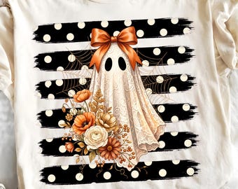 PNG de fantasma de encaje, sublimación de Halloween coqueta, diseño de camiseta retro floral espeluznante, rayas de lunares góticos vintage DTF
