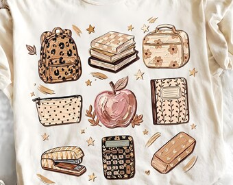 PNG de regreso a clases, diseño de camiseta de profesor moderno, útiles escolares bohemios, PNG de profesor estético, arte de mochila de leopardo, imágenes prediseñadas escolares neutras
