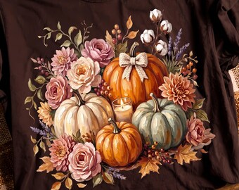 Calabaza de otoño PNG, Calabaza floral de otoño, Diseño de sublimación de Acción de Gracias, Imágenes prediseñadas de calabaza en acuarela, Gráfico de otoño de granja, Otoño de moda