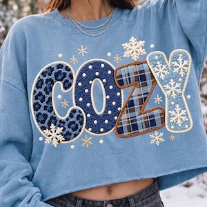 Cozy Winter PNG, Faux Embroidery Patchwork Cozy, Blue Plaid Snowflake Sublimation Shirt, Leopard Plaid Snowflake Png, Trendy Winter Season