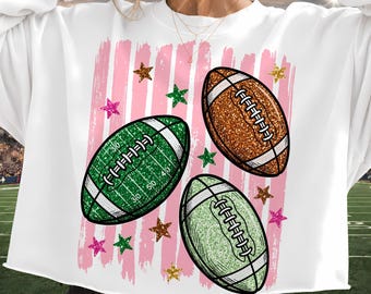 Imágenes PNG de fútbol, balones de fútbol con brillo y diseño de rayas estilo preppy, camiseta de sublimación de moda para el día del partido, descarga digital de moda para la temporada de fútbol