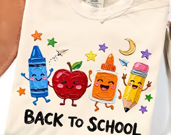 PNG de regreso a clases, lindo diseño de camiseta de útiles escolares para maestros, descarga digital de sublimación de lápiz de Apple y crayón