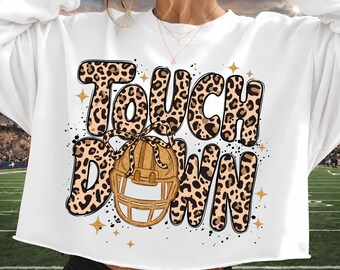 Touchdown Leopard Print PNG, Leopard Game Day Football Shirt Design, Cheetah Print Football Mom Sublimation, Helmet Retro Cheer Digital File
