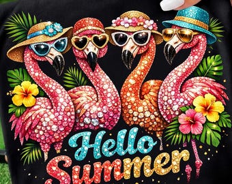 Rhinestone Hello Summer Flamingo PNG | Bling Sparkle Crystal Mosaic Flamingo Shirt Design | Summer Sublimation Digital Download