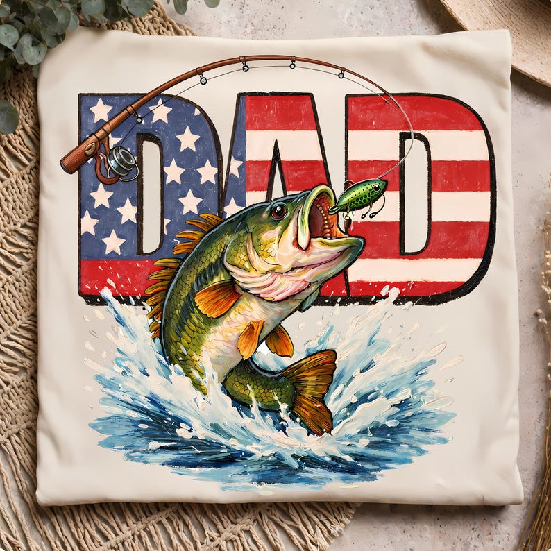 American flag fisherman dad digital download design featuring jumping bass and water splash graphic on military green t-shirt.