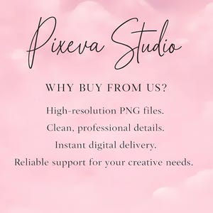 K&ouml;nnte beinhalten: Ein rosa Hintergrund mit Wolkeneffekt und dem Text "Pixeva Studio" in Schreibschrift. Darunter steht "WARUM BEI UNS KAUFEN?" gefolgt von einer Liste von Vorteilen: hochaufl&ouml;sende PNG-Dateien, saubere Details, sofortige Lieferung und zuverl&auml;ssiger Support.
