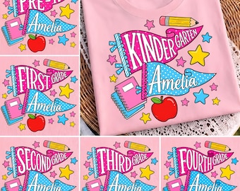 Paquete PNG personalizado para la vuelta al cole, camiseta personalizada con nombre para niña, sublimación para preescolar hasta cuarto grado, descarga digital para el primer día de clases.