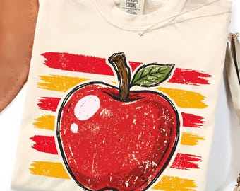 PNG de manzana retro, diseño de sublimación de manzana para profesor desgastada, PNG de camiseta de rayas vintage para la vuelta al cole, descarga de sublimación de la vida del profesor