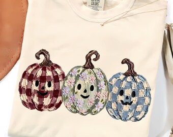 Trío PNG de calabazas coquetas, lindo diseño floral de cuadros vichy para sublimación de Halloween, descarga digital de gráficos para camisetas de otoño estilo cottagecore