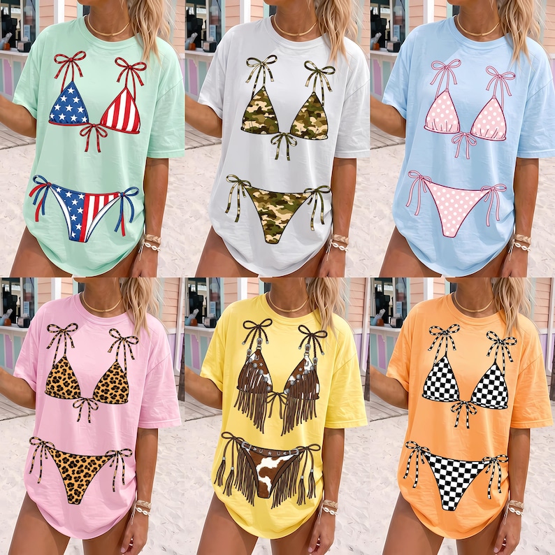 Trendy bikini PNG bundle displayed on pastel summer shirt mockups featuring preppy, camo, leopard, and checkered swimsuit designs.