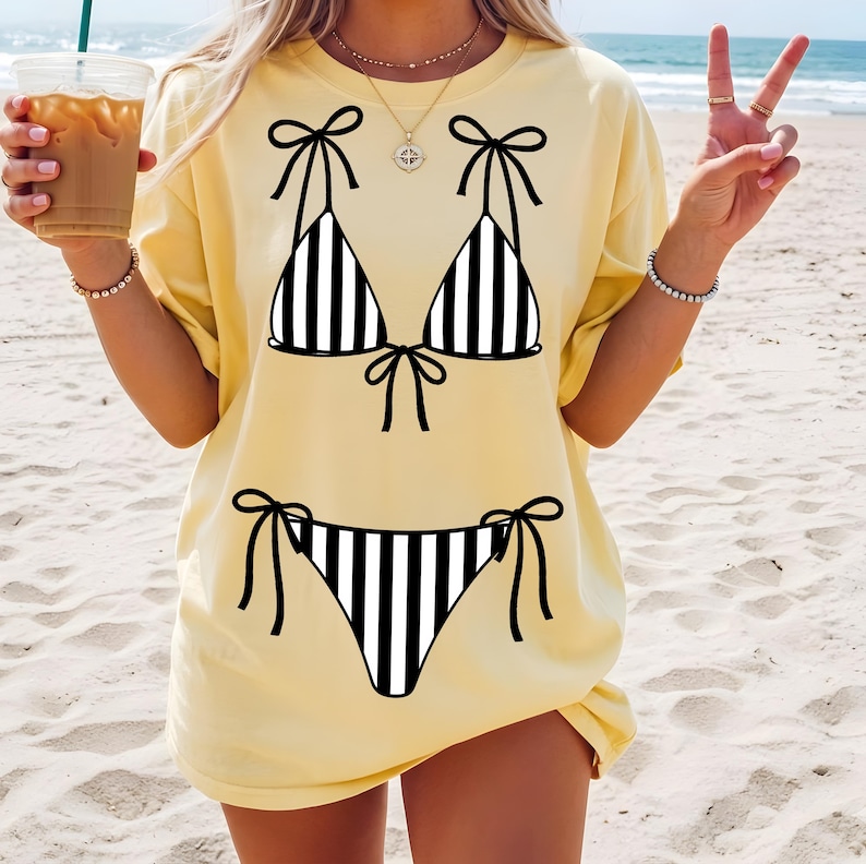 Summer swimsuit sublimation PNG shown on mint, white, pink, and yellow t-shirt mockups for lake girl and beach vacation shirts.