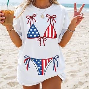 Retro and cowgirl bikini PNG designs styled on colorful boutique shirt mockups for trendy summer apparel.