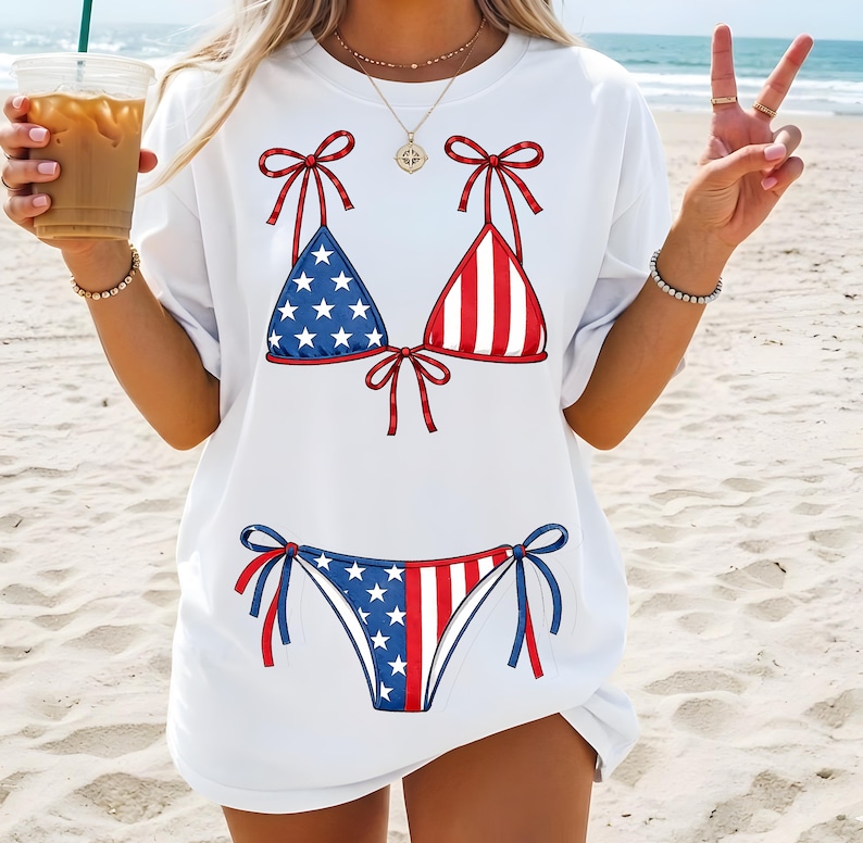 Retro and cowgirl bikini PNG designs styled on colorful boutique shirt mockups for trendy summer apparel.