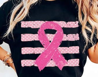 PNG de concienciación sobre el cáncer de mama, diseño de sublimación de cinta rosa, gráfico de camiseta retro de lunares y rayas para el apoyo de octubre, equipo de apoyo a sobrevivientes