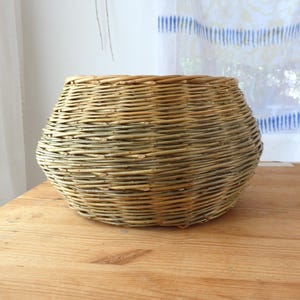 May include: A round, wide-bodied basket woven from natural, light green and tan willow branches. The basket features a tight, horizontal weave pattern with a slightly tapered opening at the top and a wider, rounded base, showcasing organic textures.