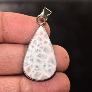 Könnte beinhalten: Ein tropfenförmiger Anhänger mit einer silberfarbenen Öse. Der Anhänger hat einen hellrosa und weißen Stein mit einem einzigartigen, netzartigen Muster. Der Stein ist in einen silberfarbenen Metallrahmen gefasst. Der Hintergrund ist dunkel.