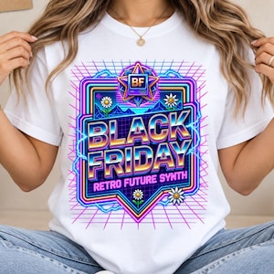 May include: A white t-shirt featuring a graphic print with the text "BLACK FRIDAY" and "RETRO FUTURE SYNTH" in a neon-coloured, 1980s-inspired style. The design includes a grid background, a star with "BF" inside, and small daisy flowers.