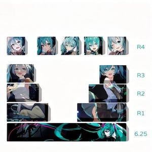 Puede incluir: Un conjunto de teclas personalizadas con ilustraciones de estilo anime de un personaje con cabello turquesa. Las teclas están dispuestas en filas y columnas, con tamaños etiquetados como R4, R3, R2, R1 y 6.25. La paleta de colores incluye tonos de azul, blanco y negro.