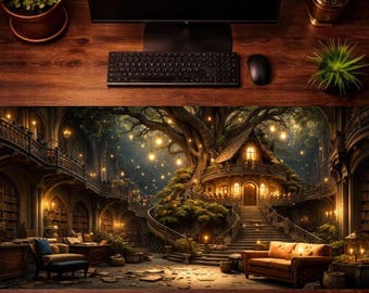 mouse pad Fantasy Library Treehouse Desk Mat, Cozy Dark Academia Mouse Pad, Cottagecore Book Lover Desk Mat, Aesthetic Gaming Mouse Pad