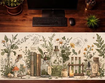 Tapis de souris botanique, tapis de bureau d'apothicaire vintage, tapis de souris illustration à base de plantes, tapis de bureau Cottagecore, tapis de souris esthétique amateur de plantes