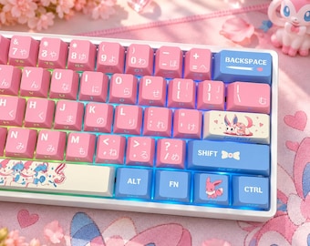 Eevee Keycap Set, Pokemon Keycap, Cute Anime Keycaps, Custom Novelty Keycaps, Pink Blue Keyboard Keycaps