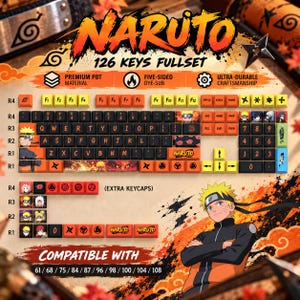May include: A 126-key Naruto themed mechanical keyboard keycap set featuring black, orange, and yellow keys with character graphics and symbols. The set includes extra keycaps, PBT material, and dye-sublimation printing, compatible with 61 to 108 key layouts.