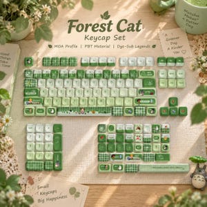 May include: A Forest Cat keycap set featuring a green and white color scheme with a checkered pattern. The set includes various keys with illustrations of characters, mushrooms, and plants, along with text labels like Forest Cat Keycap Set.