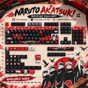 May include: A full set of mechanical keyboard keycaps featuring a Naruto Akatsuki theme. The black and red keys display various character illustrations, Japanese text, and cloud motifs. The set includes a standard layout, number pad, and specialty keys with dye-sublimated designs.