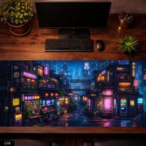 Cyberpunk-musmatta, Neon City-skrivbordsmatta, Sci-fi-spelmusmatta, Futuristisk gatuskrivbordsmatta, Estetisk speluppsättning, RGB City-musmatta