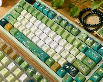 Side Printed Keycaps PBT Keycap Set MOA Profile Green Keycap Set Cute Custom Keycaps Full Keyboard Keycap Set Themed