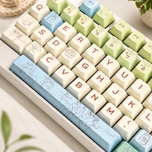 May include: A mechanical keyboard featuring a custom keycap set with a light color palette. The keys are cream, light blue, and pale green, decorated with brown line-art illustrations of anime-style characters and symbols, including a long spacebar.