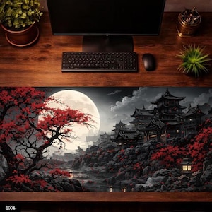 mouse pad Japanese Red Maple Night Desk Mat, Dark Aesthetic Moon Landscape Mouse Pad, Large Gaming Mouse Pad, Gothic Zen Desk Decor