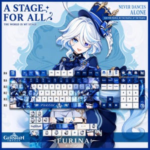 Peut inclure: Un ensemble de touches de clavier mécanique avec un schéma de couleurs bleu et blanc et des illustrations de personnages de style anime. Les touches affichent le texte A STAGE FOR ALL, NEVER DANCES ALONE, FOR THE PEOPLE, BY THE PEOPLE, OF THE PEOPLE et FURINA.