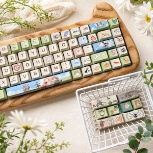 May include: A mechanical keyboard with custom keycaps featuring various anime-inspired illustrations, including characters and icons, set on a wooden base. A small white wire basket contains additional loose keycaps with similar graphic designs.