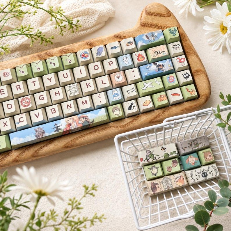 May include: A mechanical keyboard with custom keycaps featuring various anime-inspired illustrations, including characters and icons, set on a wooden base. A small white wire basket contains additional loose keycaps with similar graphic designs.