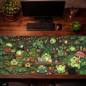 Puede incluir: Una alfombrilla de escritorio caprichosa con una ilustración de dibujos animados de ranas verdes entre plantas en macetas. Las ranas se representan con gafas, auriculares y un ordenador portátil. La alfombrilla tiene una combinación de colores verde oscuro y marrón.