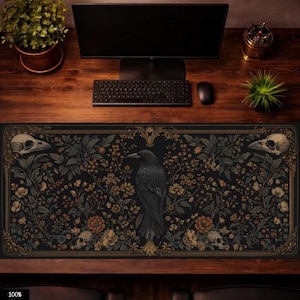 Gothic Mouse Pad, Dark Academia Desk Mat, Raven Skull Desk Pad, Vintage Botanical Mouse Pad, Witchy Aesthetic Desk Mat, Gaming Desk Decor