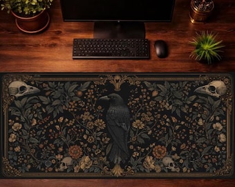 Gothic Mouse Pad, Dark Academia Desk Mat, Raven Skull Desk Pad, Vintage Botanical Mouse Pad, Witchy Aesthetic Desk Mat, Gaming Desk Decor