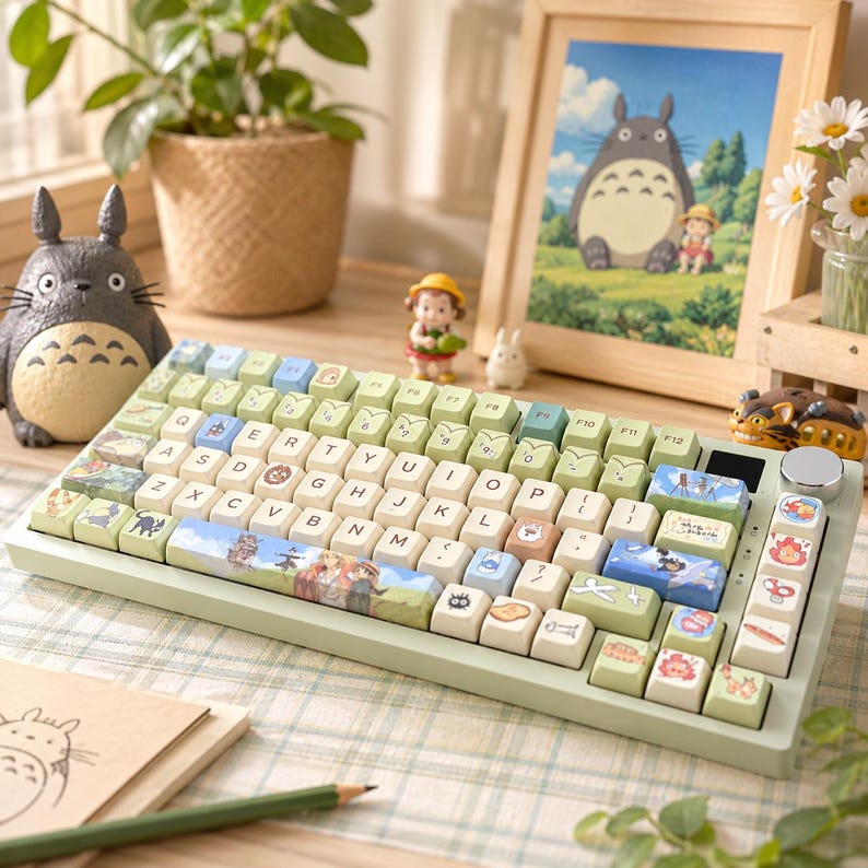 May include: A mechanical keyboard with a light green frame and custom keycaps featuring various animated character illustrations, including a space bar with a detailed landscape scene, a silver rotary knob, and light-colored keys with black letters.
