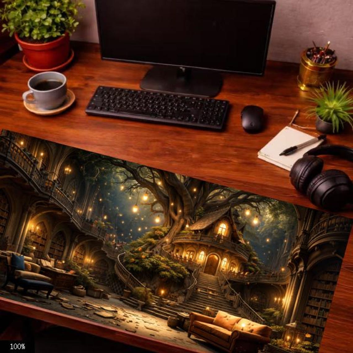 Fanatsy Desk Mouse Pad Fantasy Library Treehouse Desk Mat, Cozy Dark Academia Mouse ...